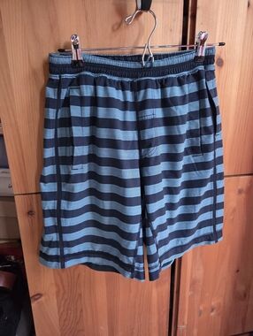 lululemon Men' s Blue & Navy Striped Lined Shorts Size Small